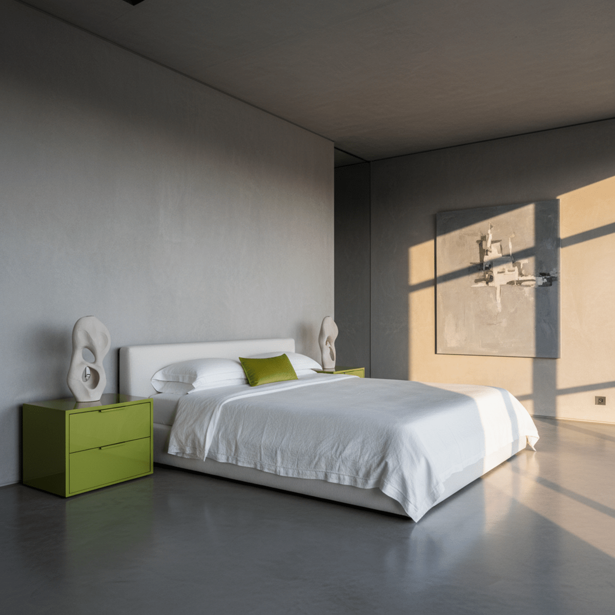 Modern bedroom with concrete gray walls, chartreuse accents, and platform bed.
