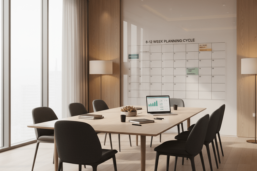Wide shot of a stylishly organized retail planning space featuring a calendar and inventory charts under natural light