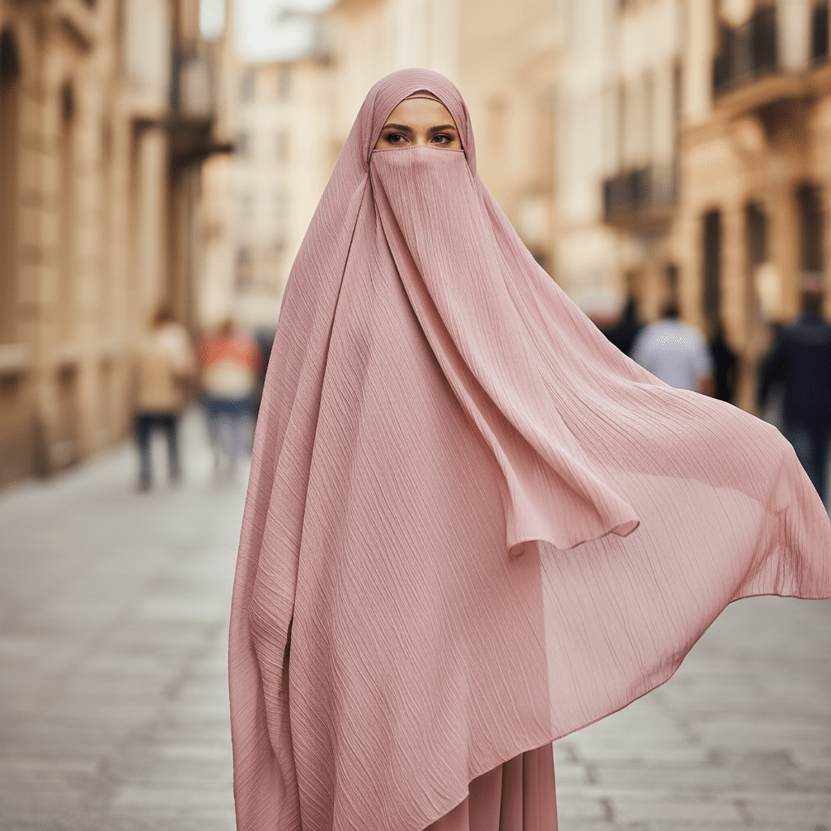 Elegant dusty rose crinkle chiffon khimar with gentle waves. Woman in a flowy, dusty rose crinkle chiffon khimar on an urban street.