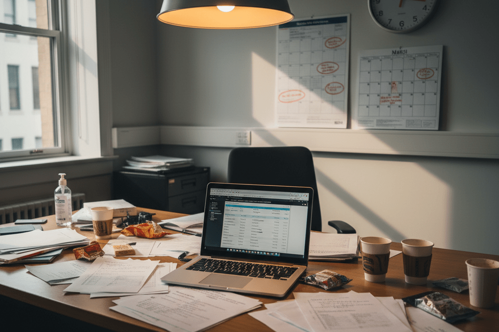Desk in university procurement office with purchase orders, laptop showing inventory system, and subtle hints of urgency under natural light.