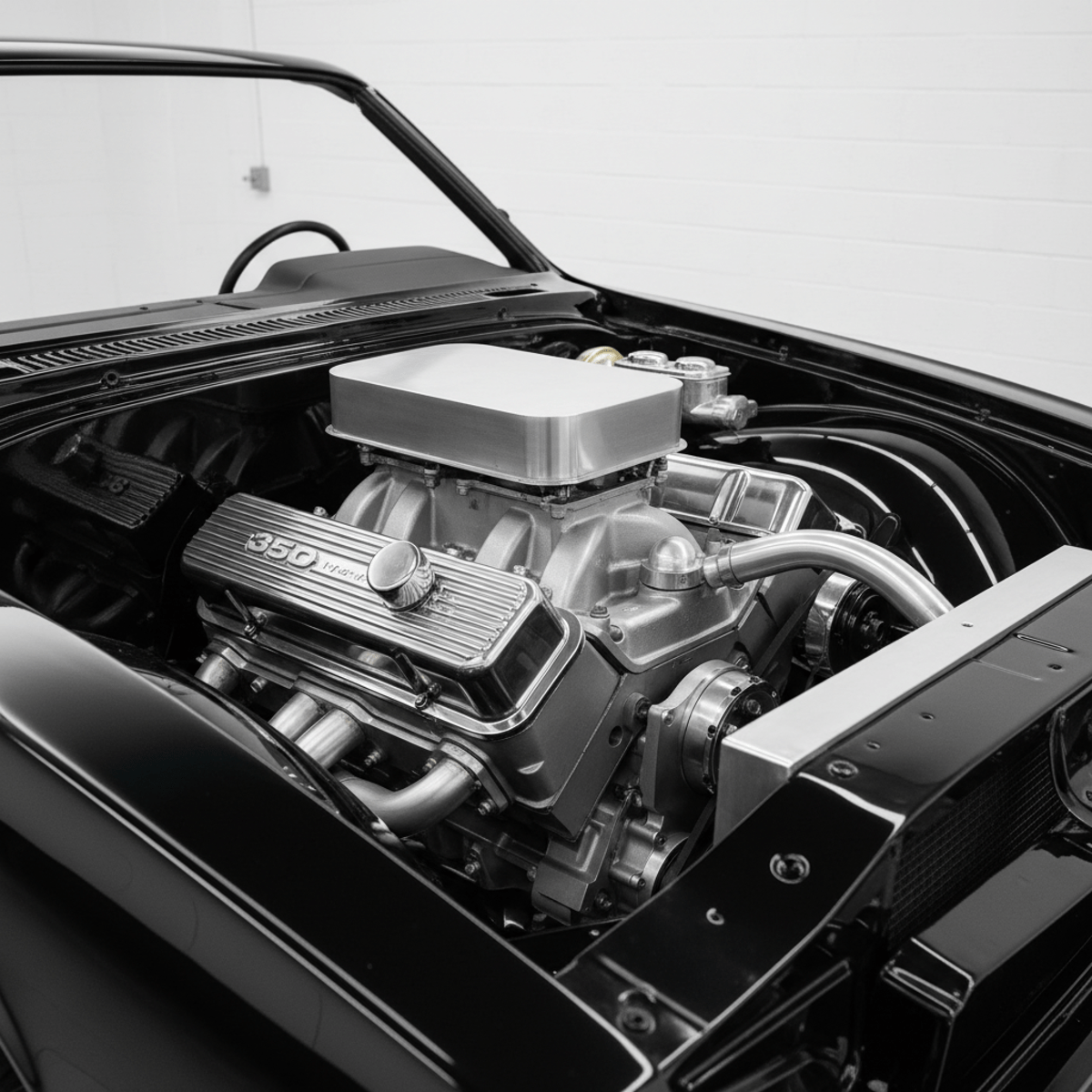 Ultra-realistic 350 motor in a clean, high-gloss metallic graphite engine bay.