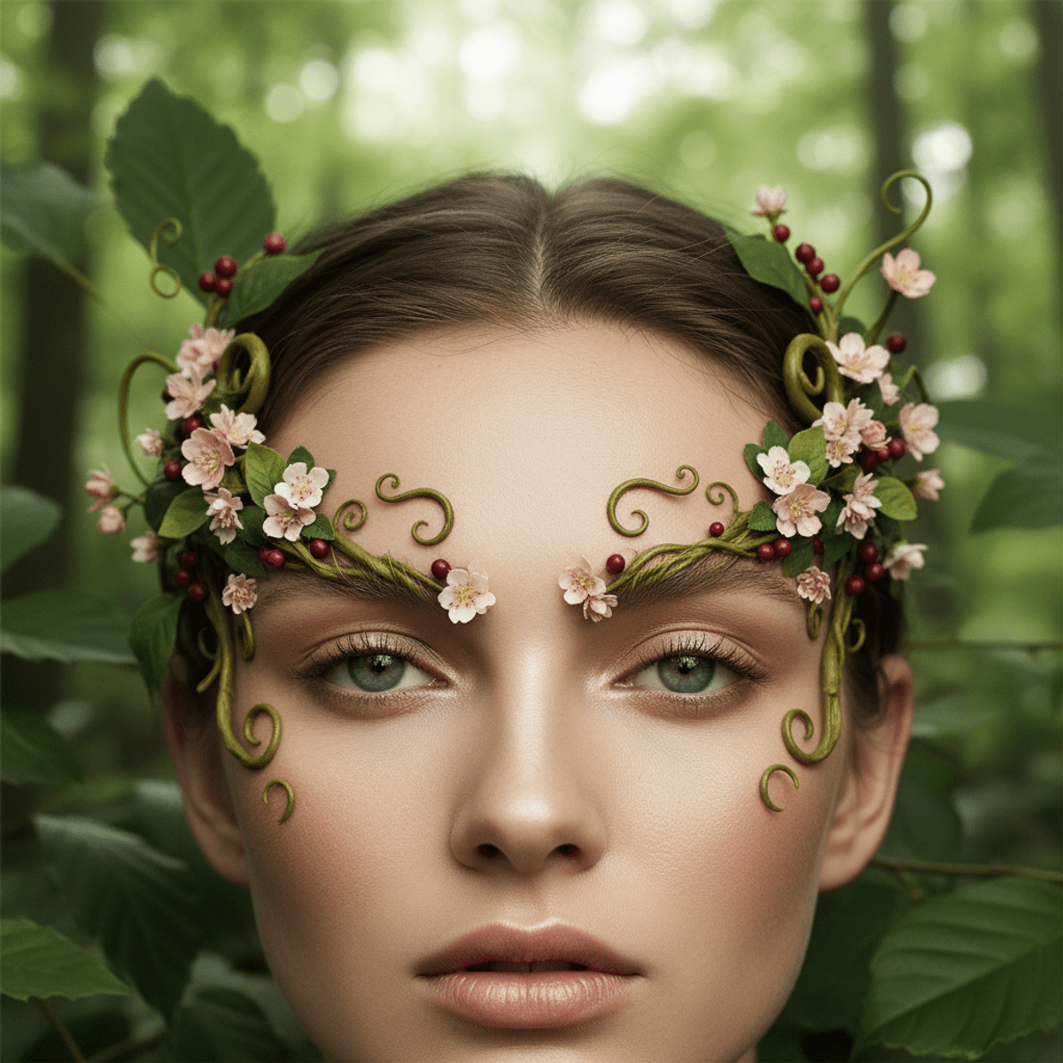Fantasy unibrow styled as a living vine with flowers and foliage, soft shimmer.