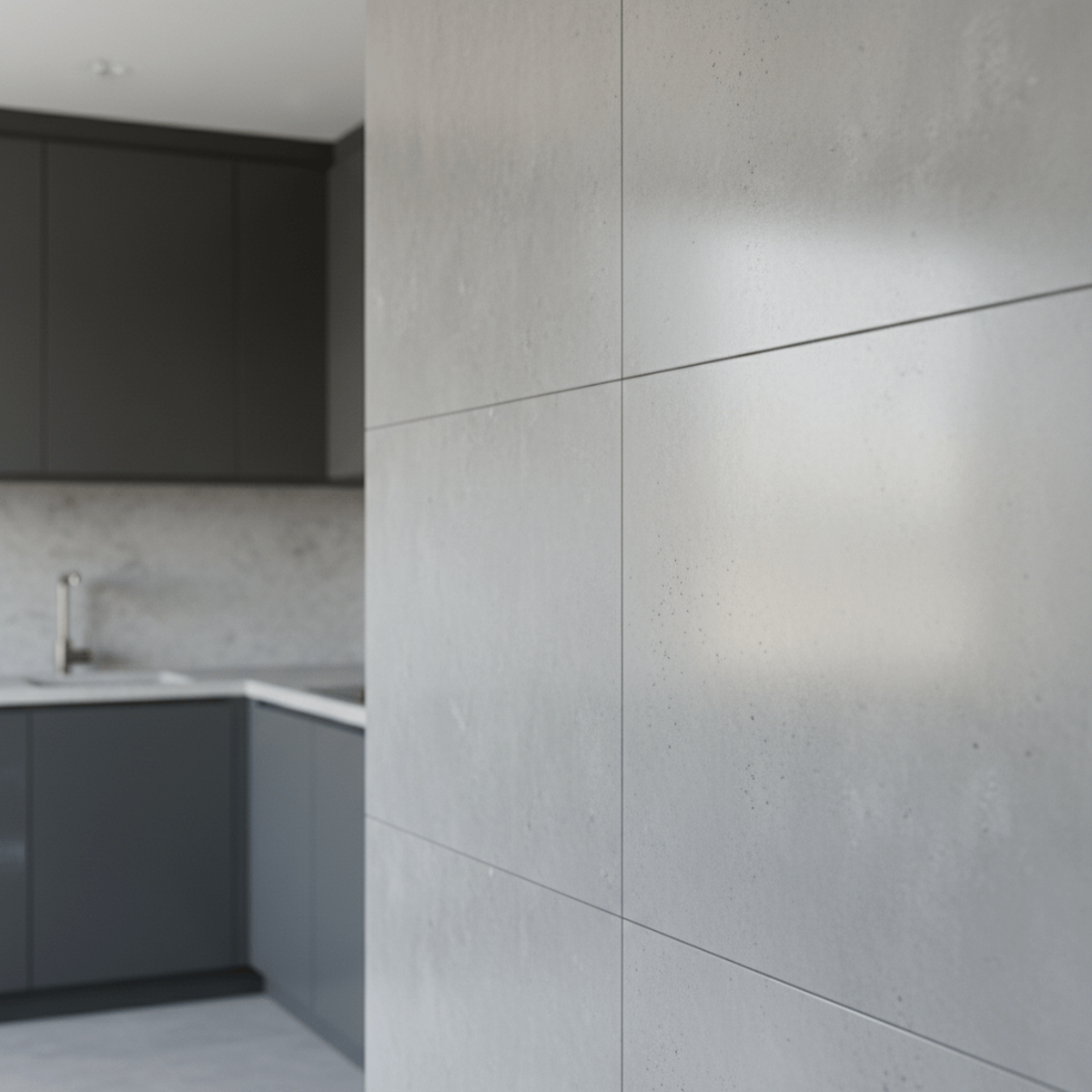 Modern kitchen wall with seamless polished concrete paneling, highlighting realistic textures.