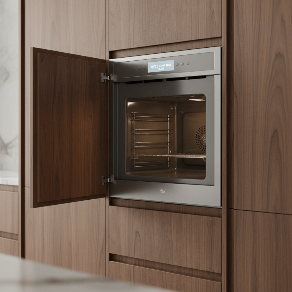 Panel-ready electric oven integrated into rich walnut kitchen cabinetry, showing open door.