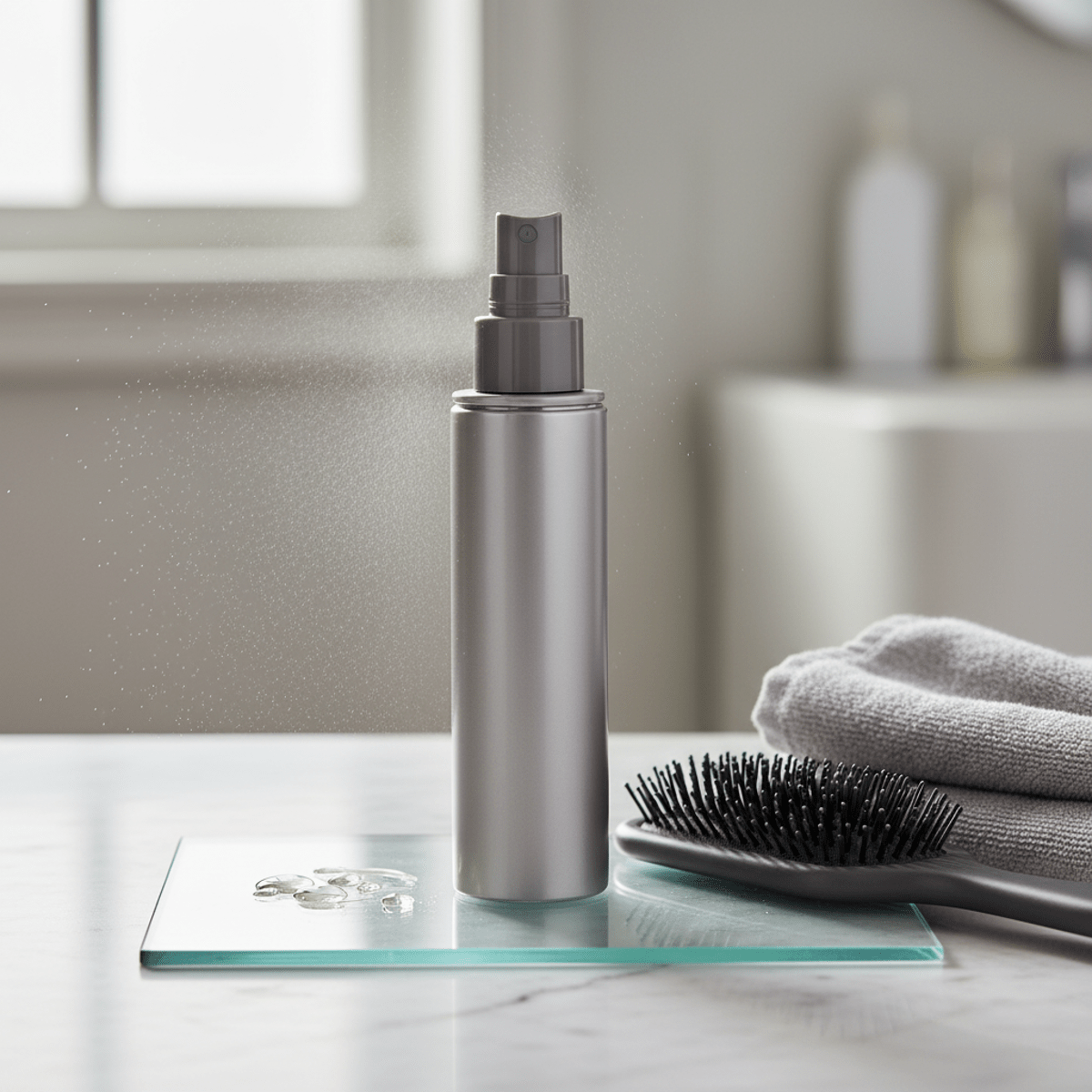 Sleek metallic hair growth oil spray bottle on polished marble with gym essentials.