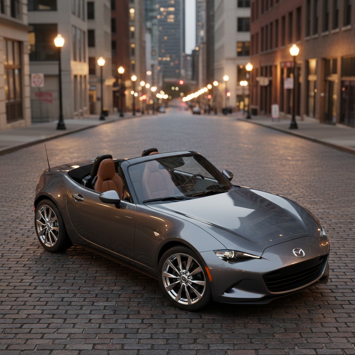 Overhead view of a sleek convertible roadster with Kodo-style contours in a city.