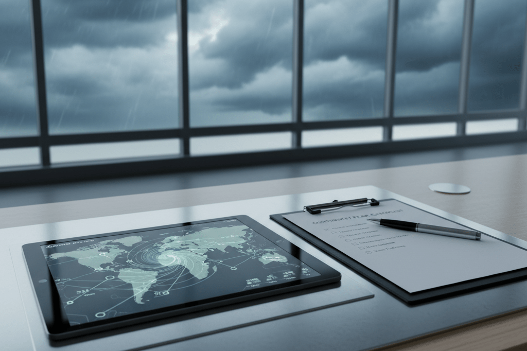 Logistics desk with weather alert and continuity plan during storm watch Control room desk featuring weather alert tablet and continuity plan under stormy ambient light