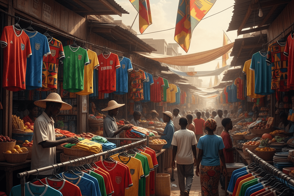 Colorful football jerseys and flags displayed at an African market under natural and ambient lighting, showcasing sports retail dynamics