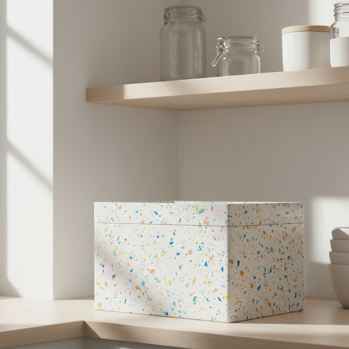 Recycled ocean plastic storage box with terrazzo flecks in a minimalist pantry.