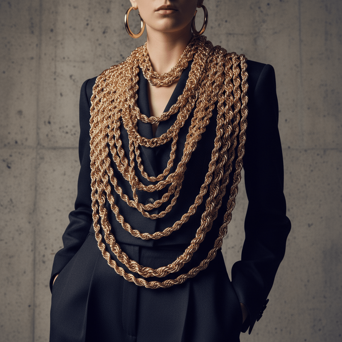 Model in 80s urban style with layered gold and rose gold chains and large hoop earrings.