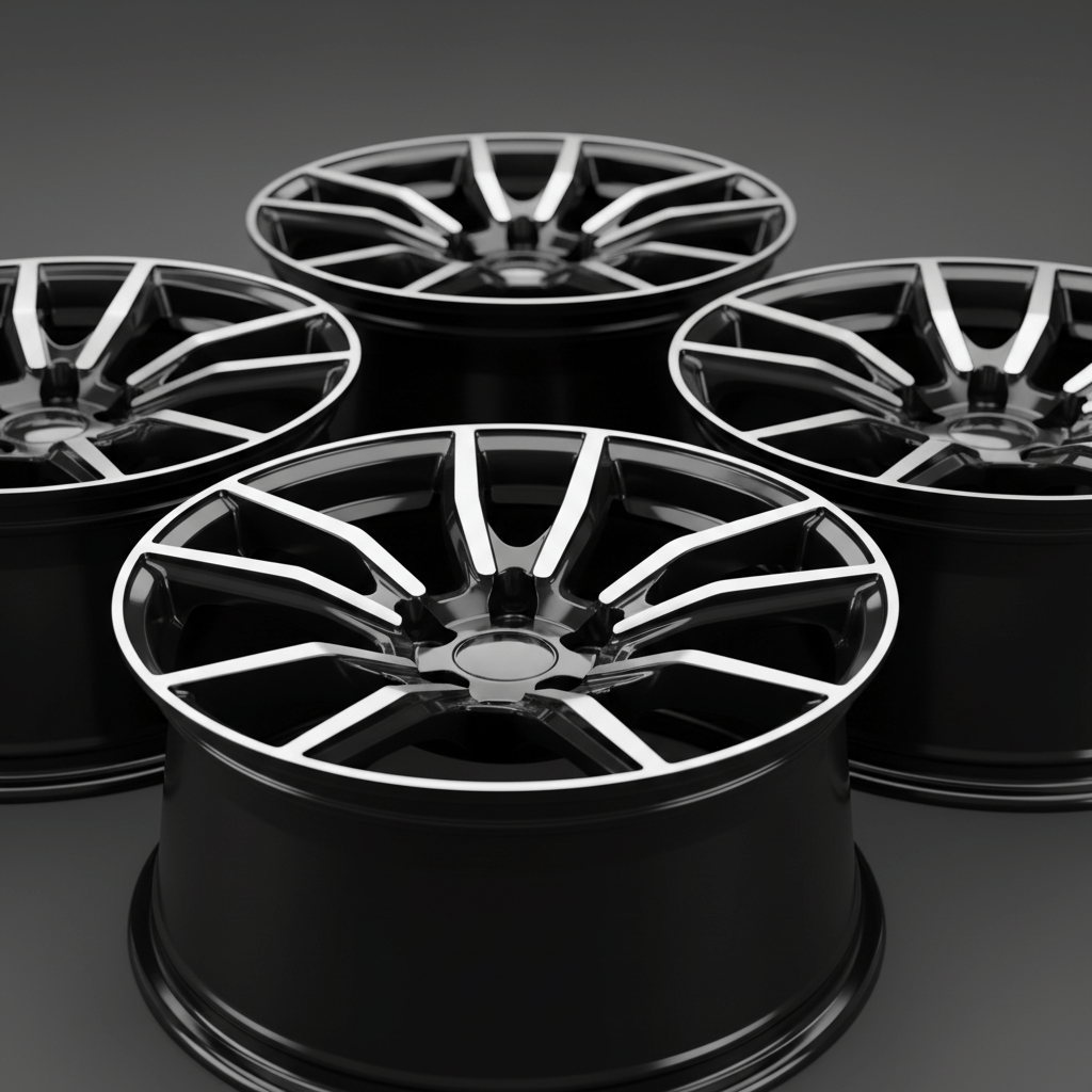 Close-up of gloss black alloy wheels with milled accents and polished aluminum details.