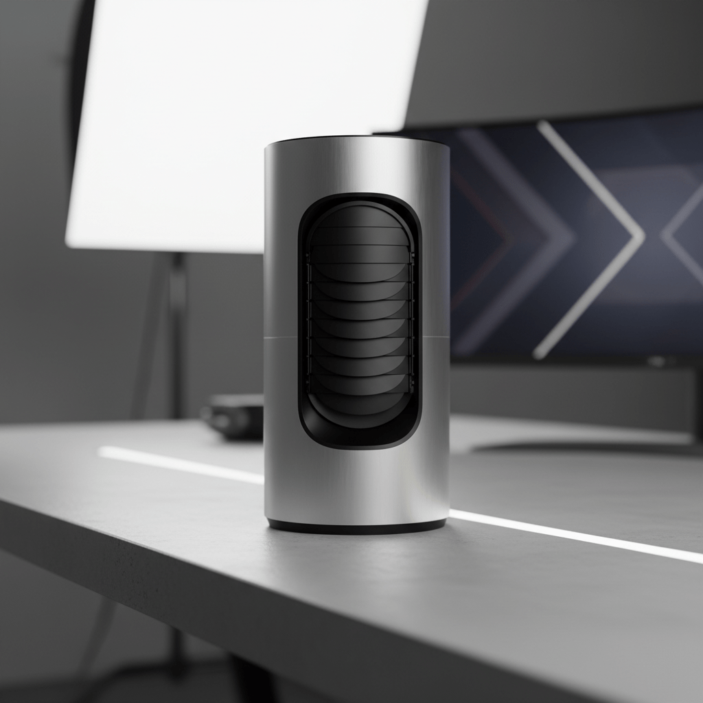 Sleek modern security camera with closed shutters on a smart home desk.