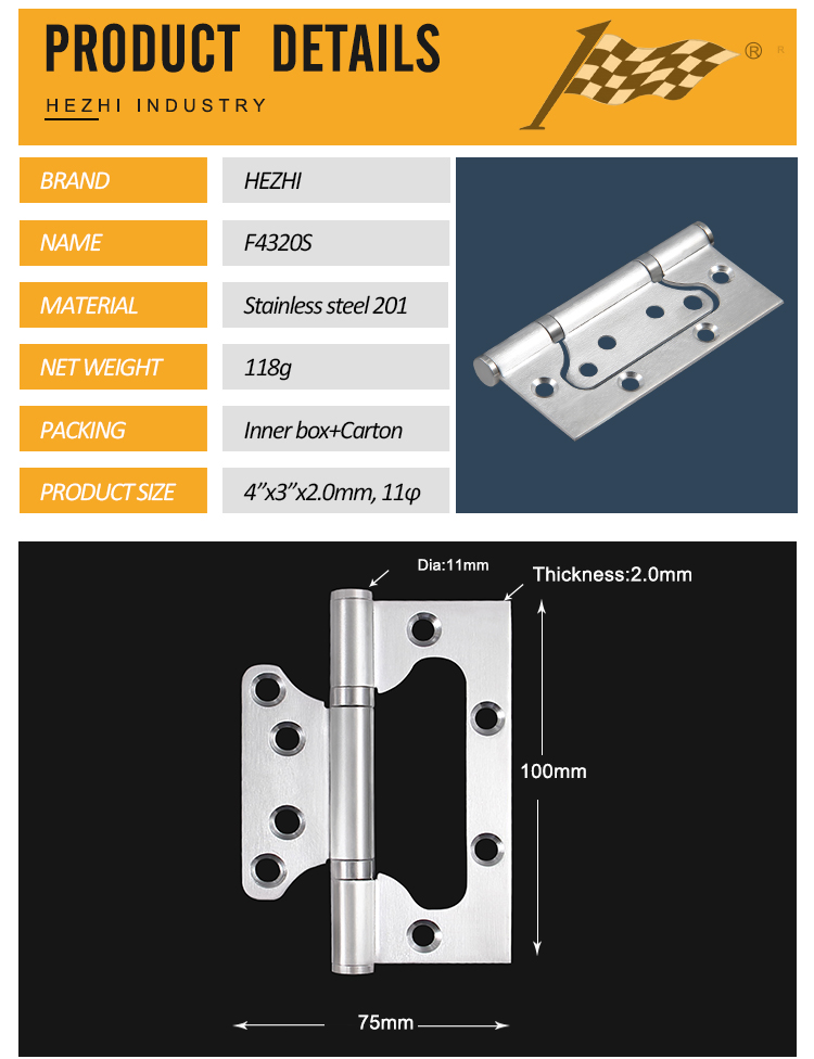4x3x2 Stainless Steel Residential Wooden Door Hinge Flush Hinges