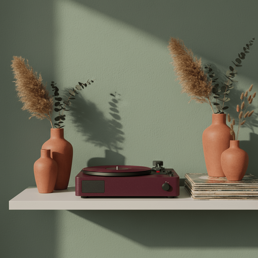 Minimalist burgundy LP player on a shelf Minimalist burgundy LP player on a shelf with terracotta vases and vinyl records.