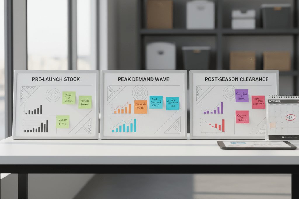 Medium shot of a retail planning desk with three labeled strategy boards and tribal-themed visual dividers under natural light
