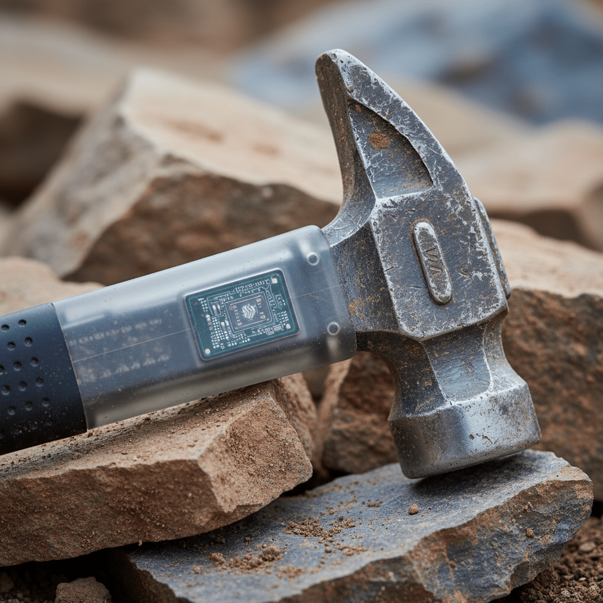 Rugged geological hammer with RFID chip on weathered rock samples.