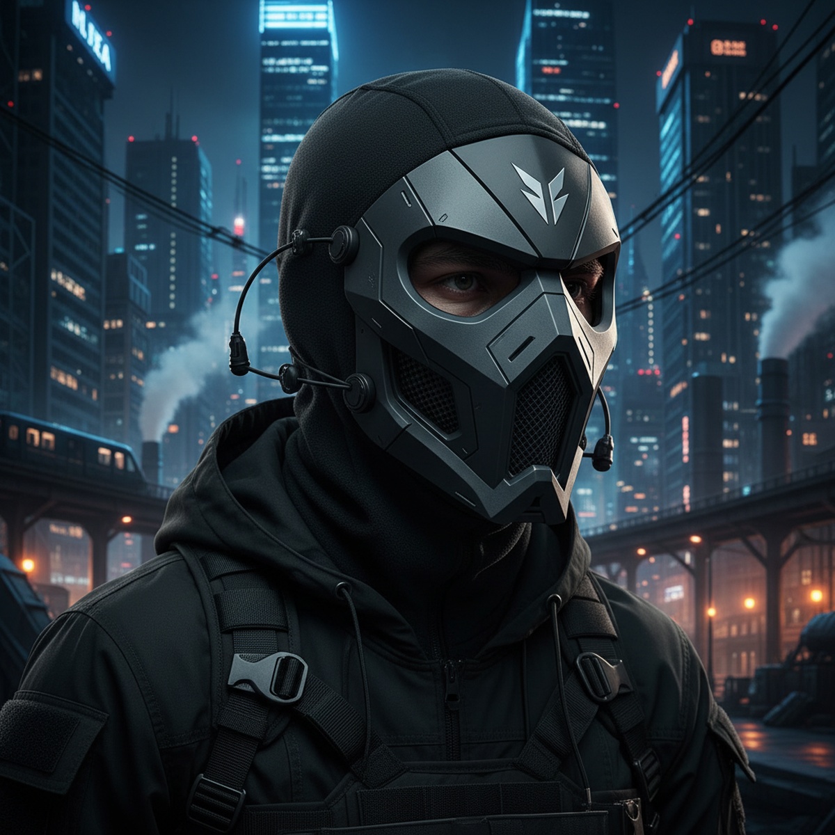 Futuristic techwear shiesty mask with ventilation and reflective details.