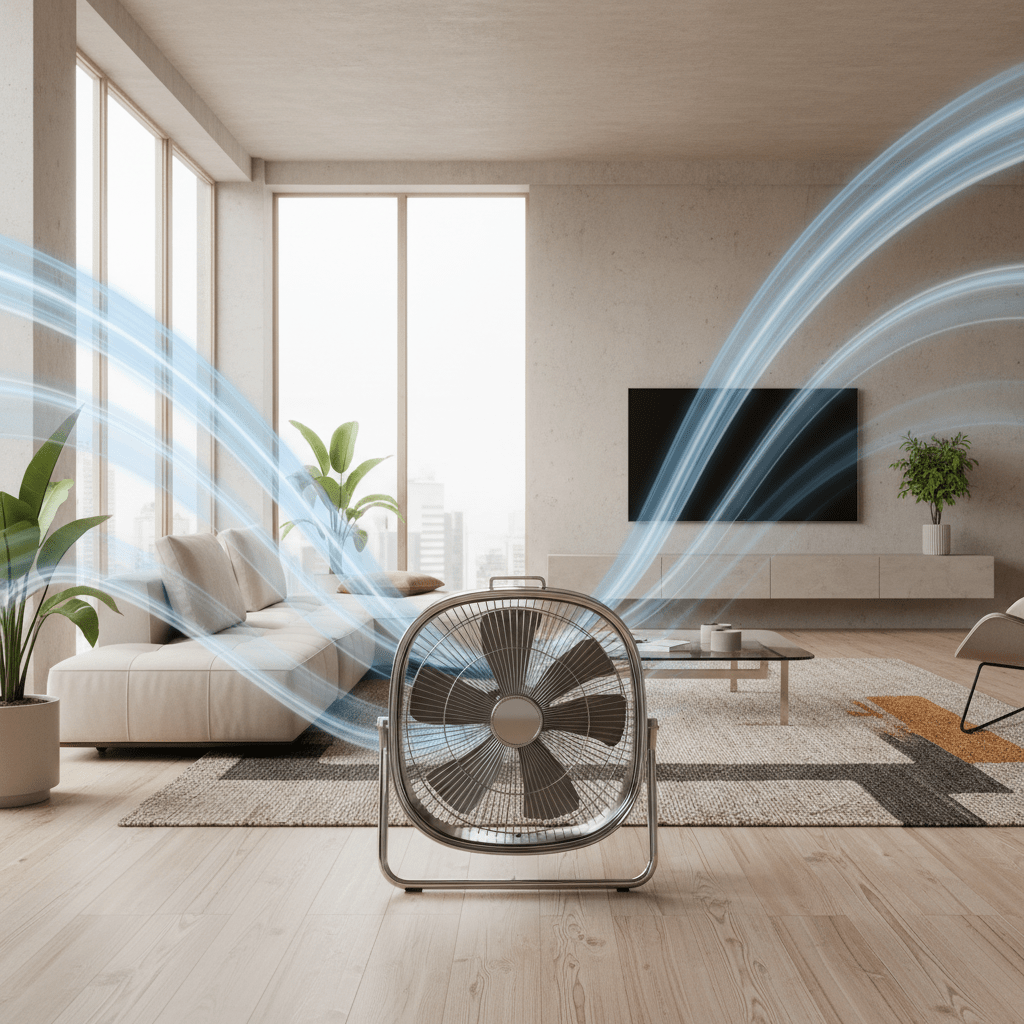 Modern fan circulates air in a bright, open living space. Modern box fan displays vortex airflow in a spacious, sunlit living room.