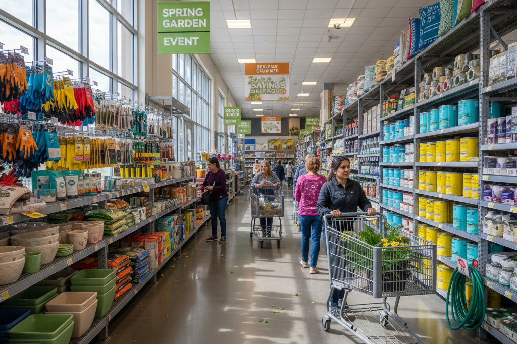 Wide shot of a lively retail aisle showcasing spring merchandise under natural light, symbolizing increased consumer activity