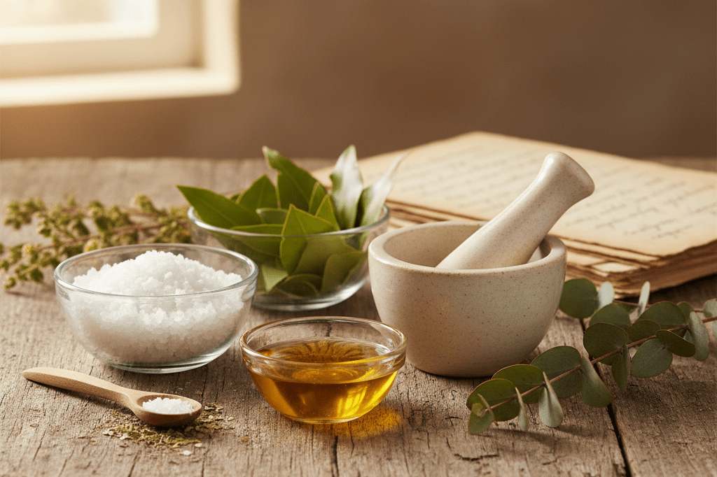 Natural sea salts oils and herbs arranged on wooden table symbolizing authentic skincare brand origins