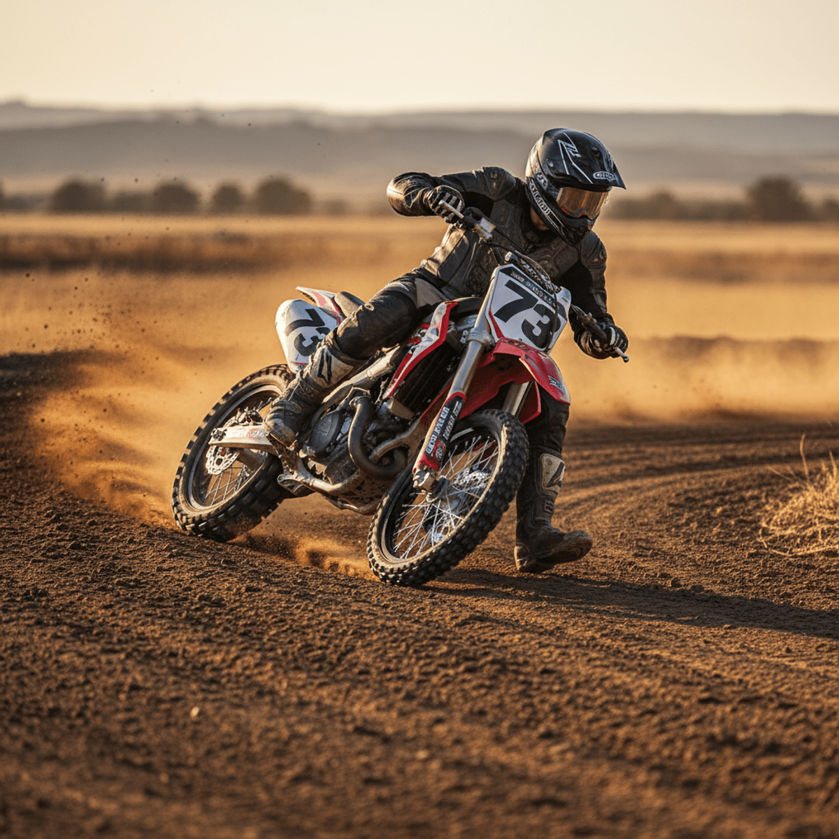 Dirt track motorcycle racing at sunset Motorcycle leaning aggressively on a dirt track during a warm sunset.
