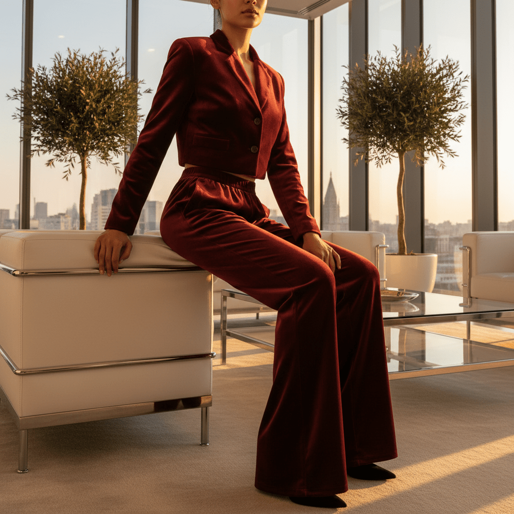 Model in burgundy velvet tracksuit pants and cropped jacket in a modern lounge during golden hour.
