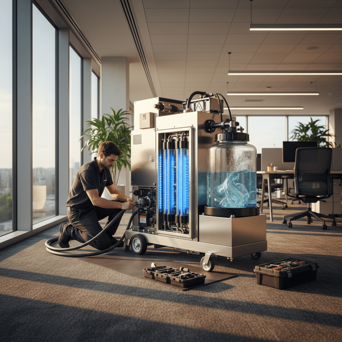 Truck mount carpet cleaner operating in an office with advanced recycling and filtration.