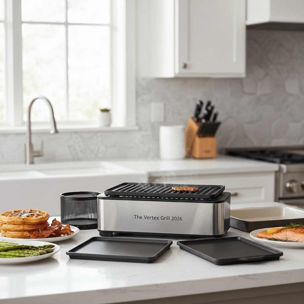 Versatile indoor grill with interchangeable cooking plates and prepared food. Sleek modular indoor grill with interchangeable surfaces and gourmet dishes.