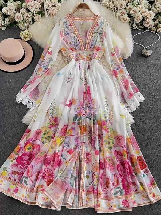 ZR10023 - Seductive Court Dress with Deep V-Neck & Florals