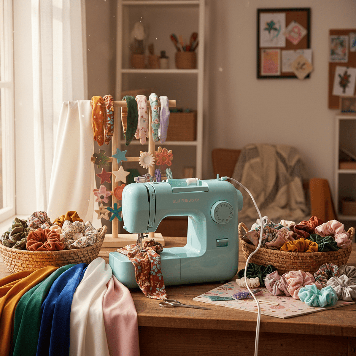 Cozy craft studio with sewing machine, autumn and spring scrunchies, and fabrics.