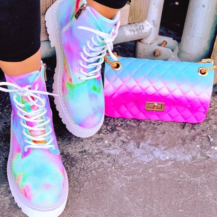 2021 Hot Ins Multi color Rainbow Tie-Dye Lace Up Zipper Closure Ankle Boots Thick Bottom Platform Dance sneakers