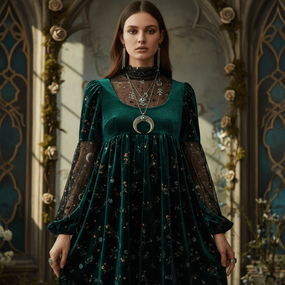 Woman in emerald velvet babydoll dress with gothic sleeves and celestial top.