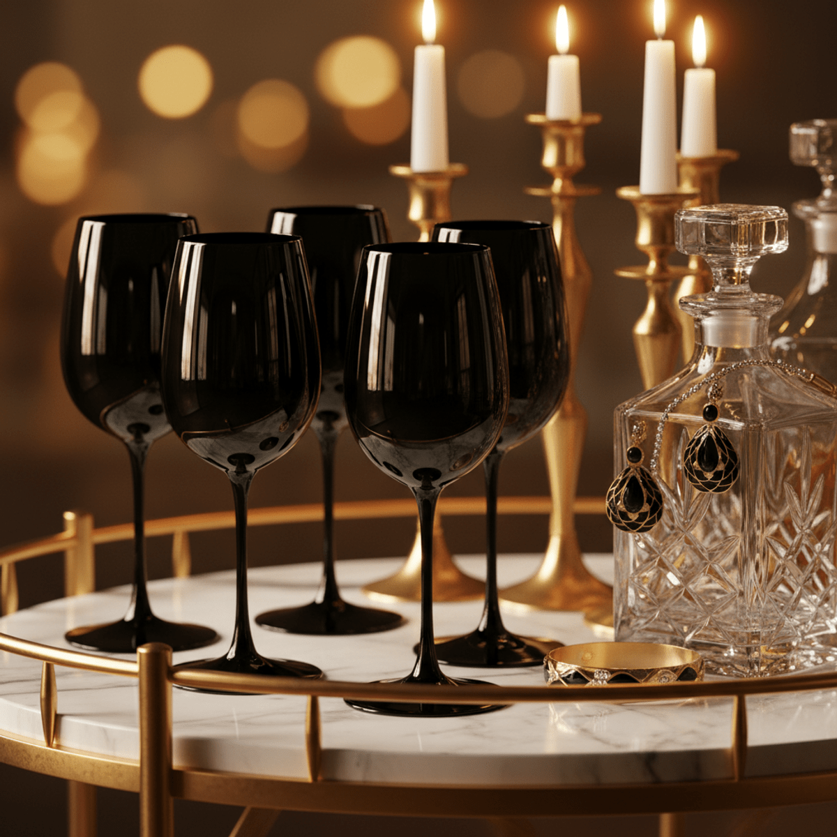 High-gloss black wine glasses shimmer on a marble cart with crystal decanters.