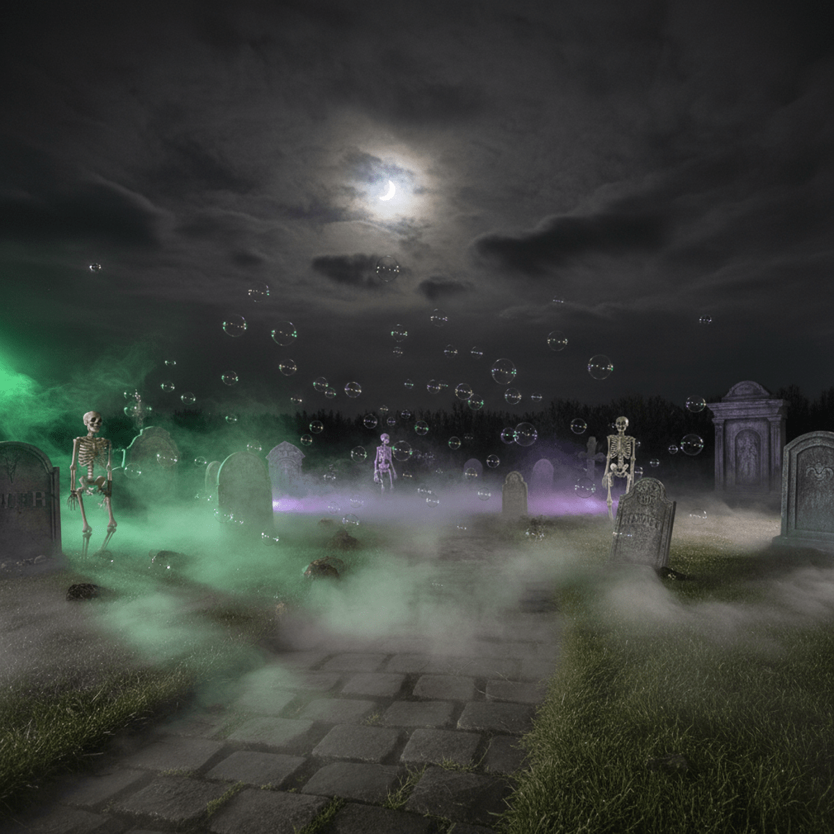 Nighttime graveyard Halloween display with fog, eerie lights, and tombstones.