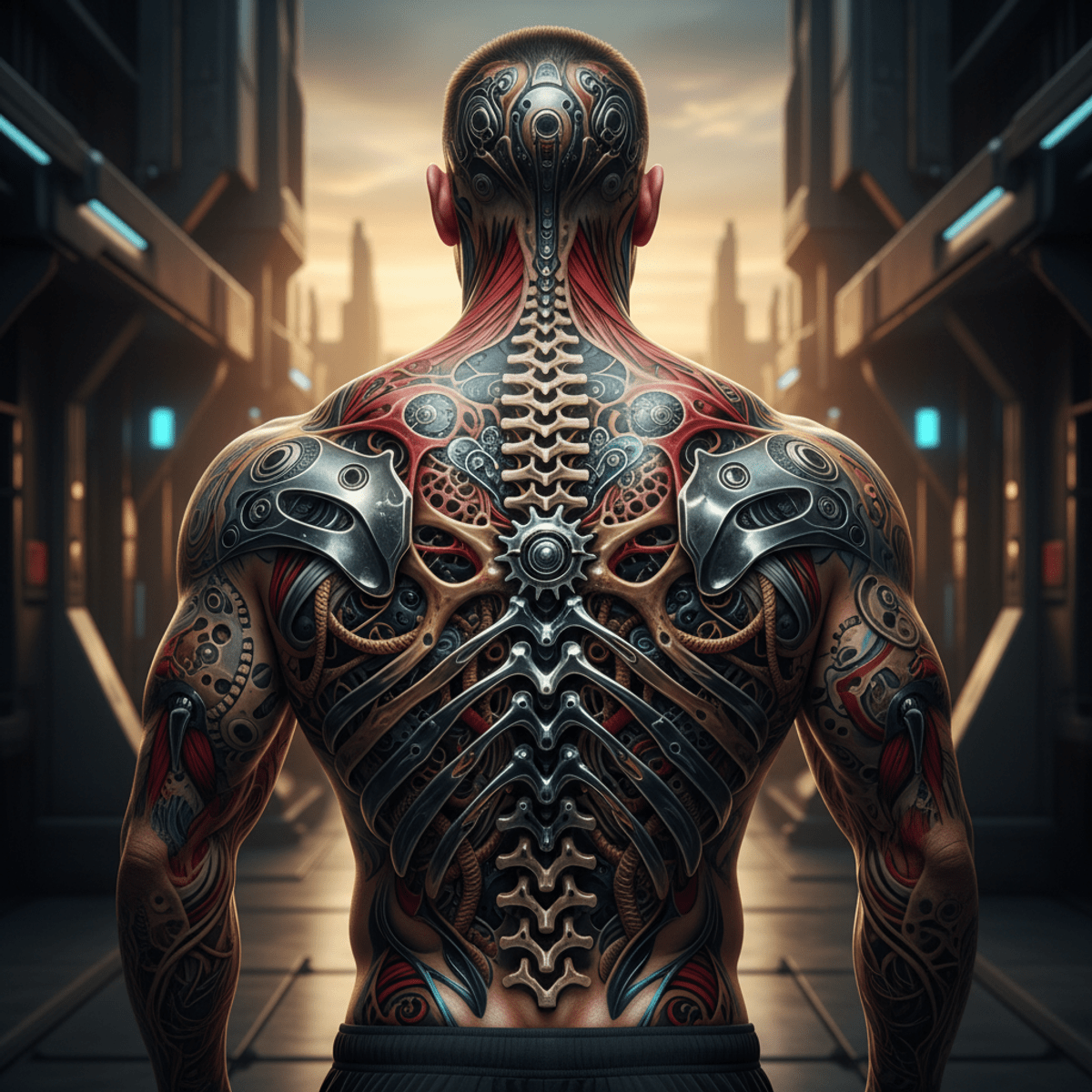 Surreal biomechanical tattoo on male back with organic machinery. Full back biomechanical surrealism tattoo blending spine, ribcage, and organic machinery.