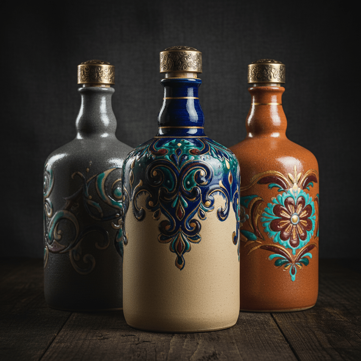 Opaque stoneware vodka bottles with hand-painted designs and glossy glaze on matte surfaces.