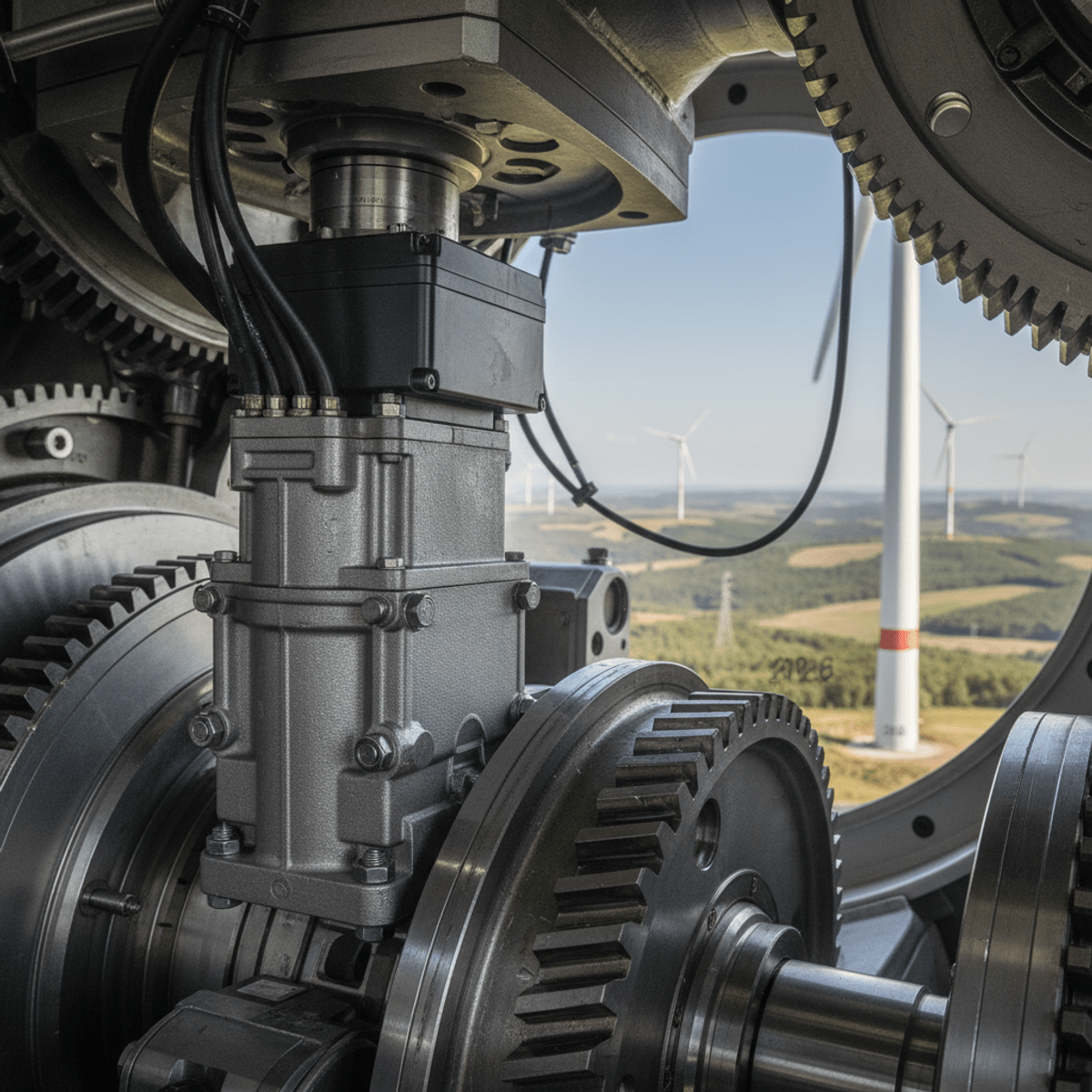 Wind turbine oil pump and gearbox detail Rugged electric oil pump inside wind turbine nacelle with gearbox components.