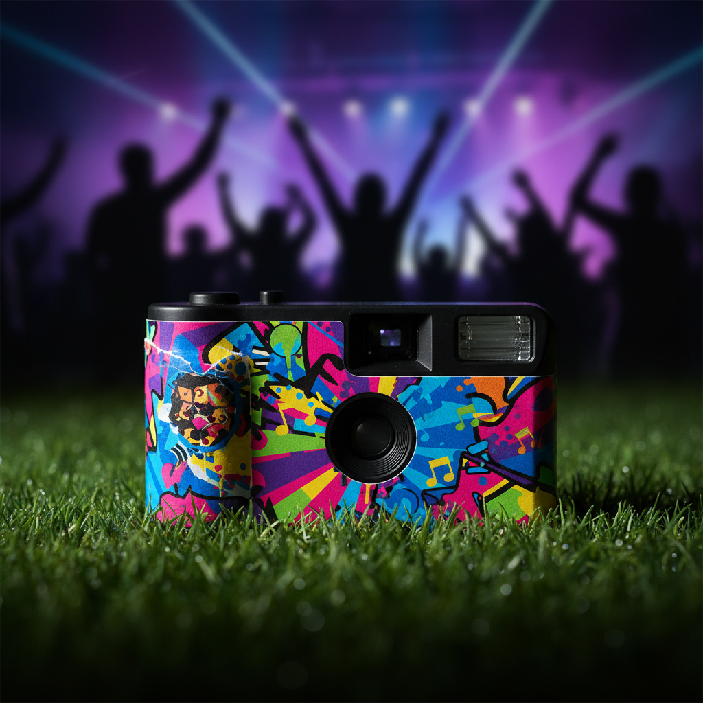 Disposable camera with custom album art on grass, concertgoers blurred in background.