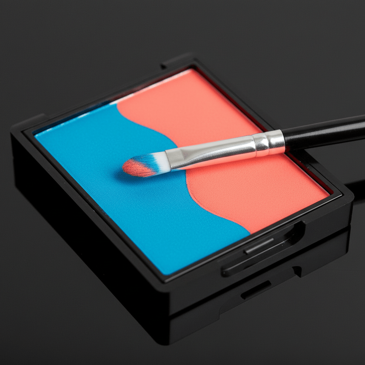 Close-up of split-cake eyeliner with blue and coral shades on a brush.