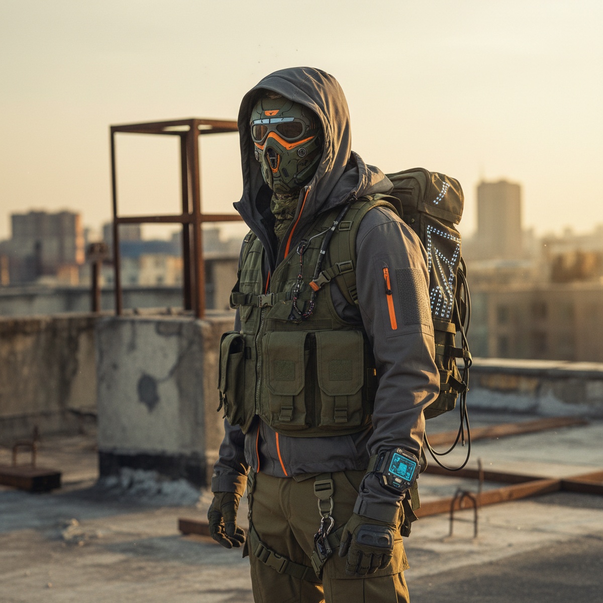 Urban explorer in futuristic gear on a gritty rooftop at golden hour.