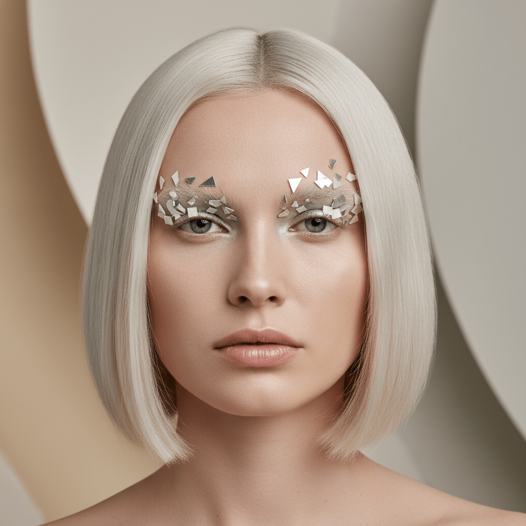 Model with bleached eyebrows and floating eye makeup in a minimalist futuristic setting.