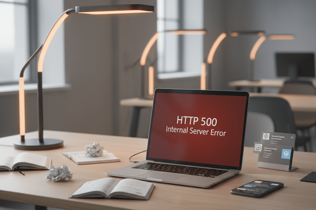 Office desk setup during a major service outage incident Modern office desk with laptop showing error screen and phone alerts amidst soft ambient lighting, highlighting workflow disruption caused by technical failures