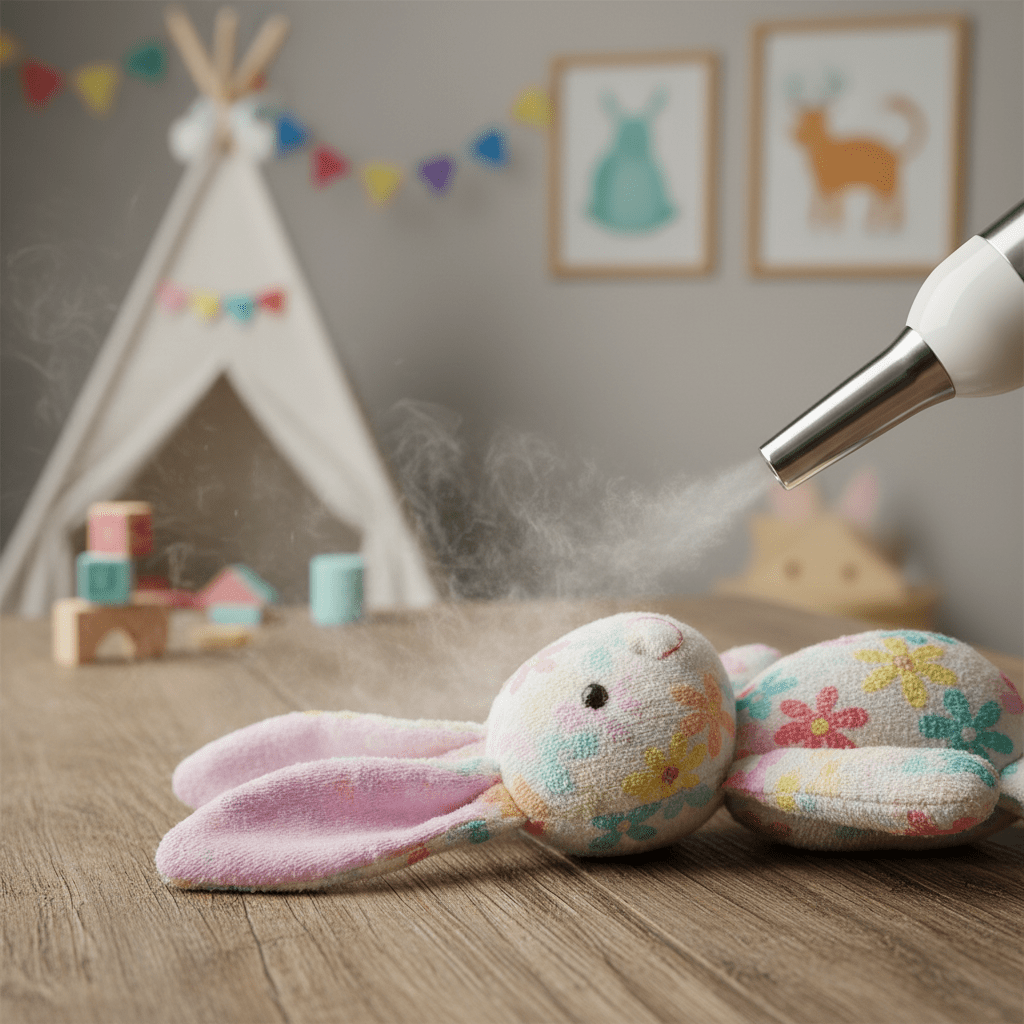 Close-up of a stuffed rabbit toy being sanitized with a sleek bed bug steamer.
