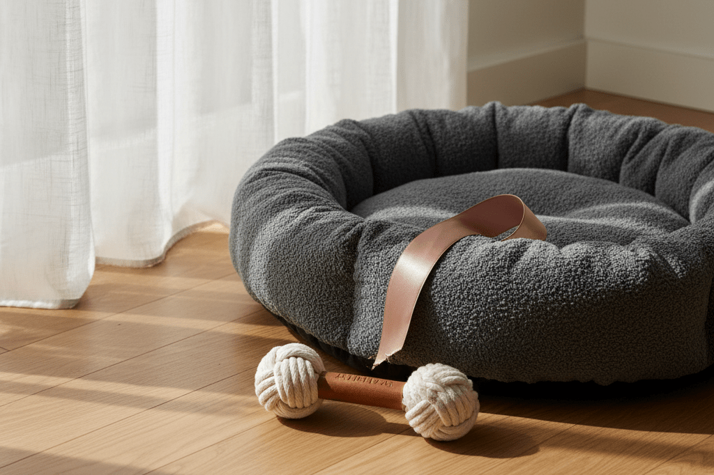 Premium Pet Accessories Inspired by Breed Trends High-end dog bed and toy displayed under warm natural lighting, symbolizing breed-specific retail opportunities