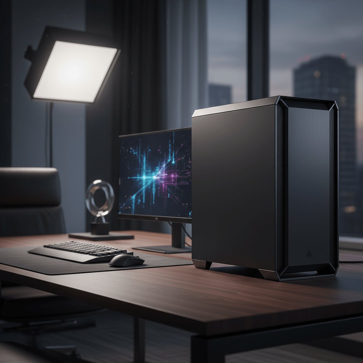 Sophisticated stealth-build PC in matte black aluminum with dark gray accents.