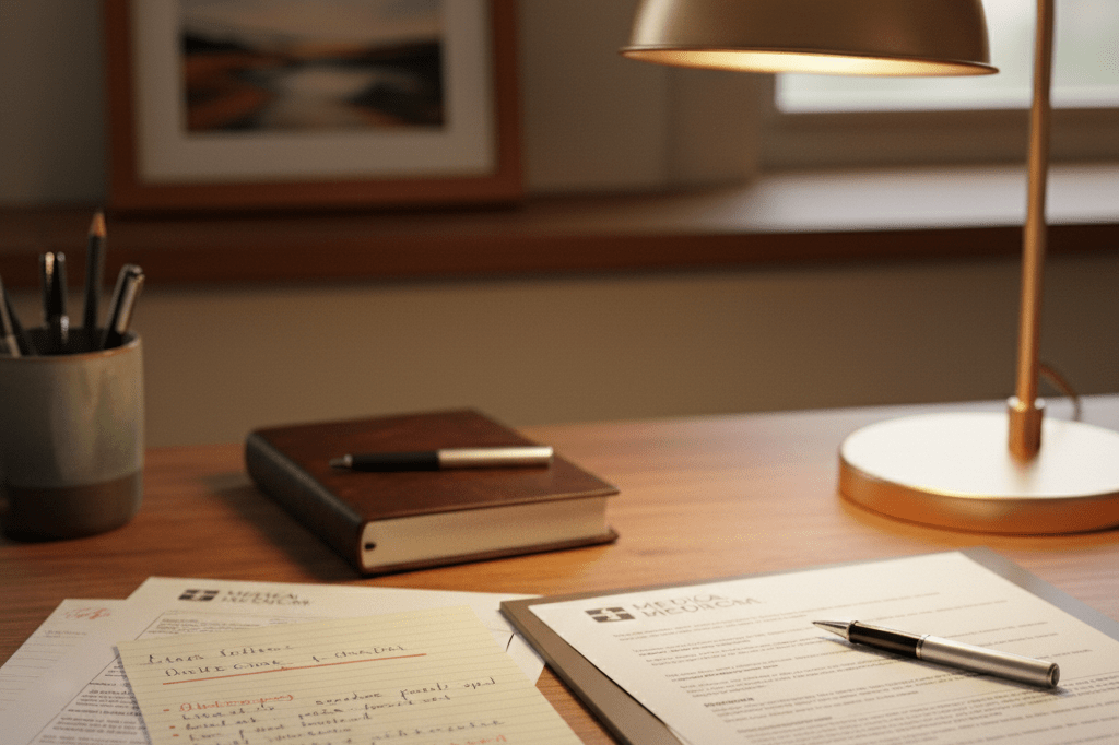 Neatly organized desk with handwritten notes under soft ambient lighting, reflecting strategic vulnerability and trust-building