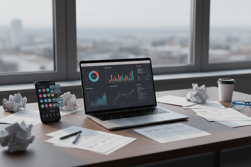 Wide-angle view of cluttered workspace with laptop, phone, and papers under natural light, representing impact of viral misidentification