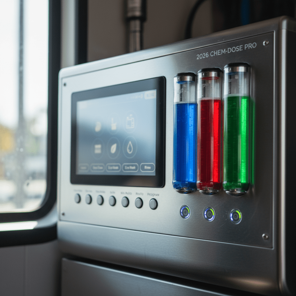 Close-up of advanced carpet cleaner control panel with liquid cartridges and touchscreen.