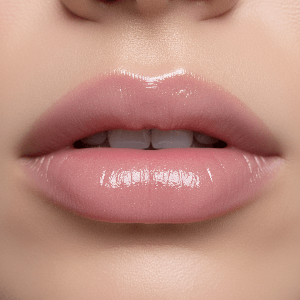 Close-up of model lips with semi-opaque, milky-pink gloss and creamy texture.