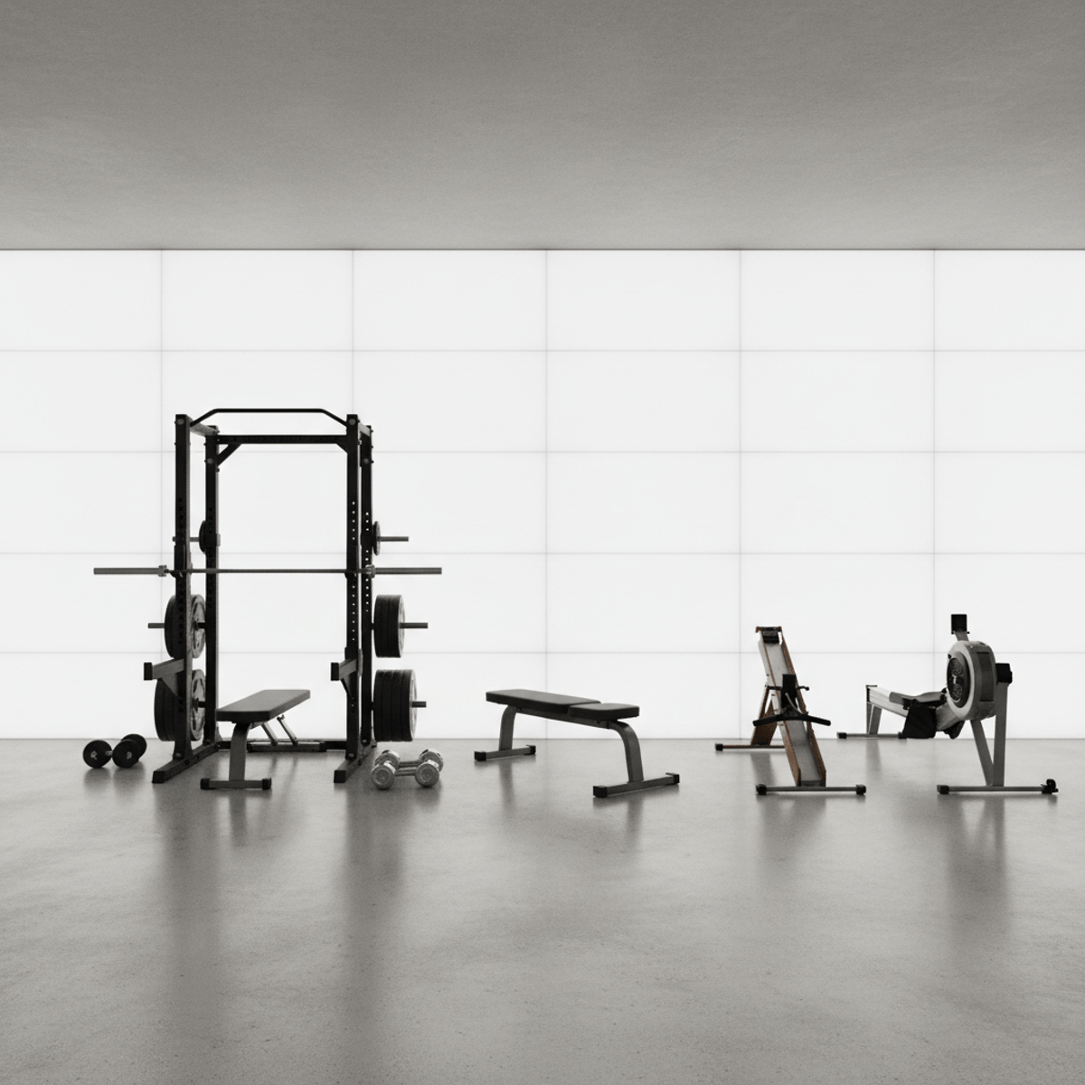 Modern garage gym with wall-sized LED panels for shadow-free workout illumination.